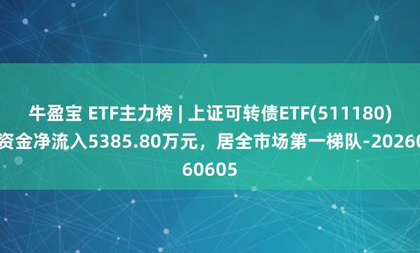 牛盈宝 ETF主力榜 | 上证可转债ETF(511180)主力资金净流入5385.80万元，居全市场第一梯队-20260605